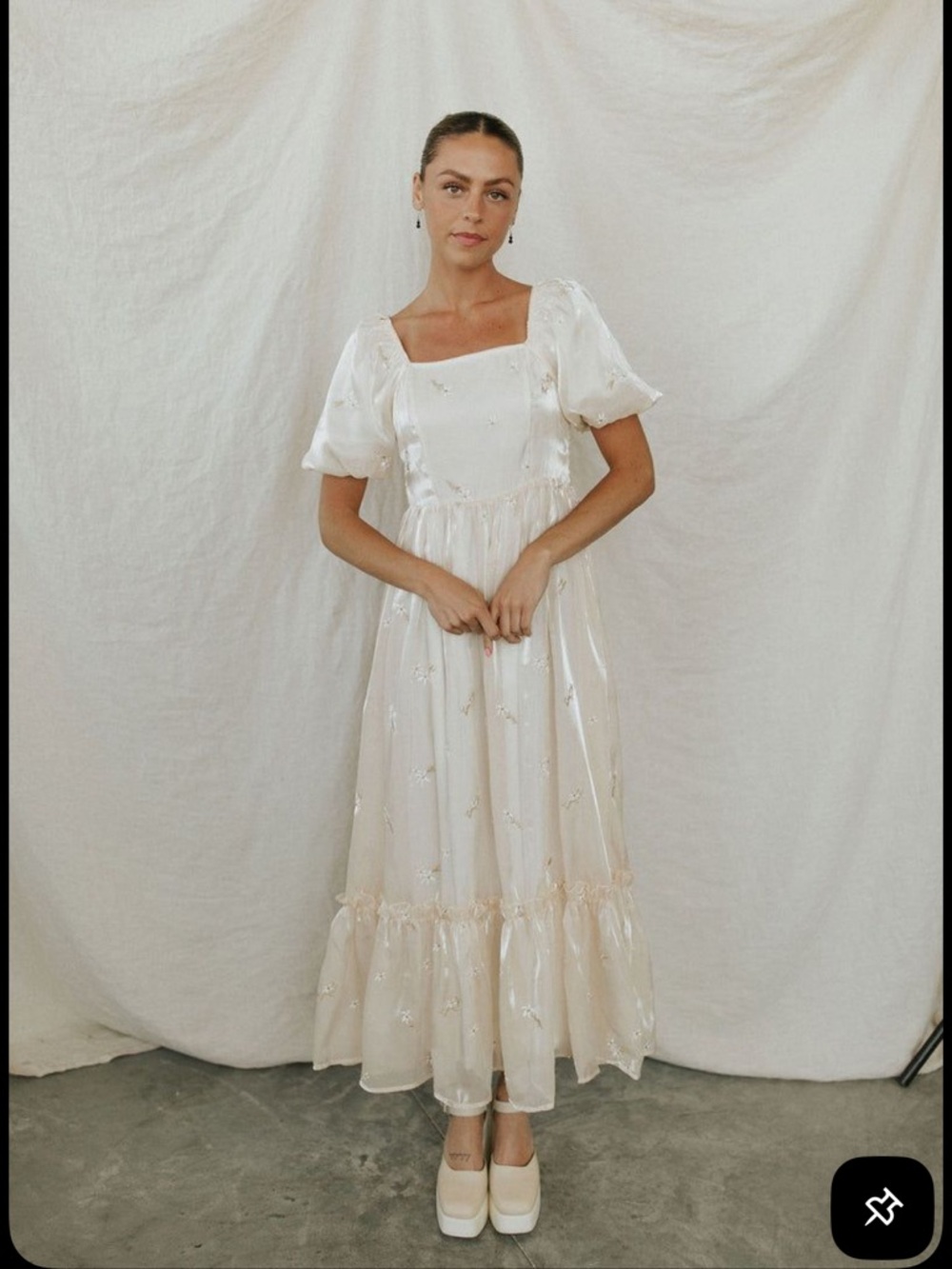 Polagram Cream Embroidered Square-Neck Maxi Dress